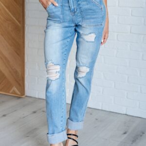 Aiden High Rise Patch Pocket Distressed Boyfriend Jeans - Fashion Are Us