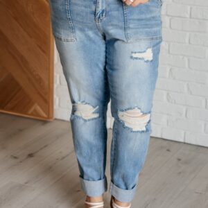 Aiden High Rise Patch Pocket Distressed Boyfriend Jeans - Fashion Are Us