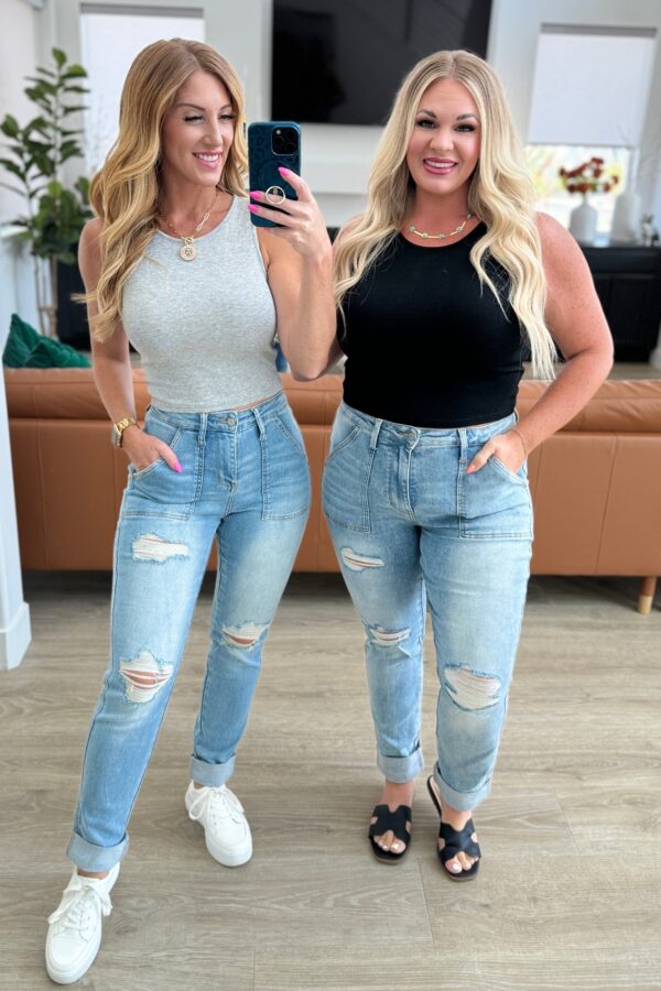 Aiden High Rise Patch Pocket Distressed Boyfriend Jeans - Fashion Are Us